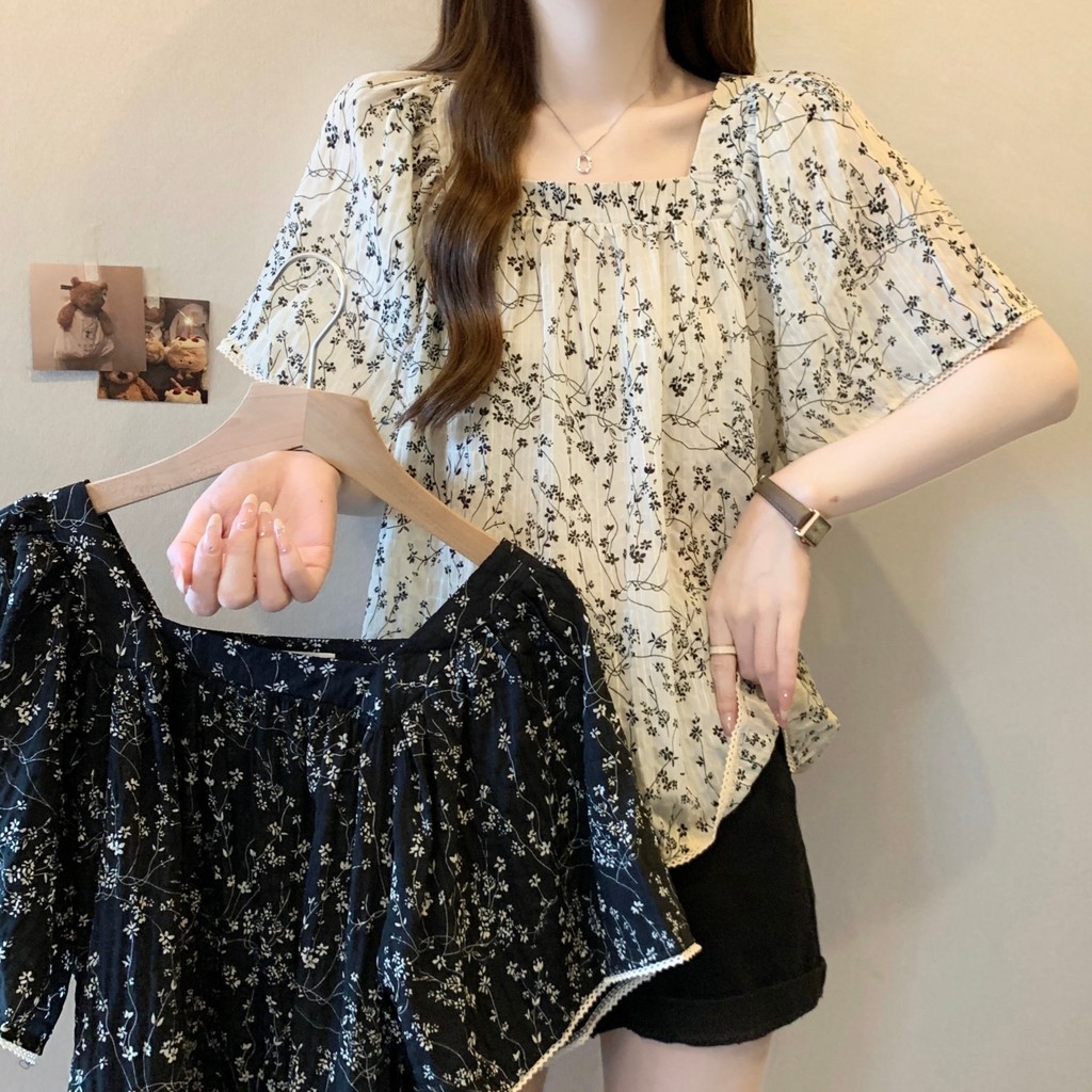 เสื้อเชิ้ต เสื้อแขนสั้น ขนาดใหญ่ขนาดฝรั่งเศสย้อนยุคเสื้อผู้หญิงขนาดใหญ่2025 ฤดูร้อนไขมันมมหลวมดอกไม้เสื้อ ผอมลง ดูชีฟองด้าน