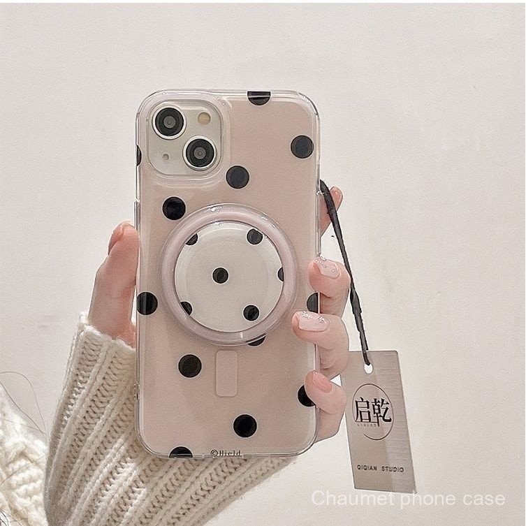 เคสโทรศัพท์แม่เหล็กลายจุดพร้อมขาตั้งและสติ๊กเกอร์ ใช้ได้กับ iPhone 16 Pro Max เคส 15 แบบสองชั้น 14 แ