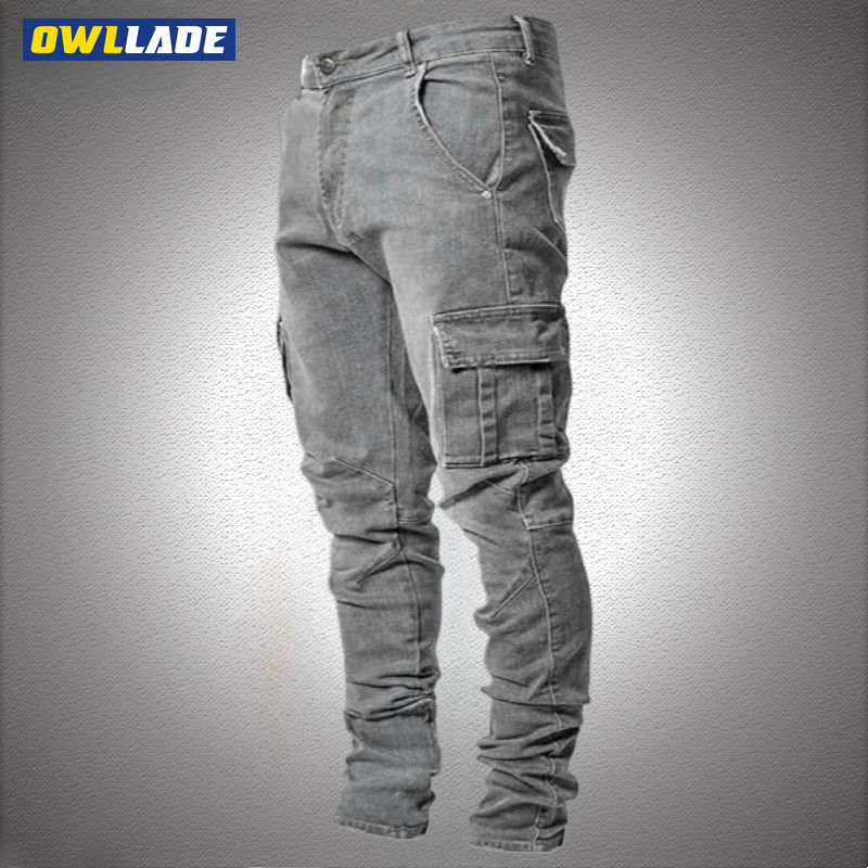 OWLLADE Skinny Slim Fit Denim Cargo Jeans Pants for Men L0066 สีเทา C03 2T