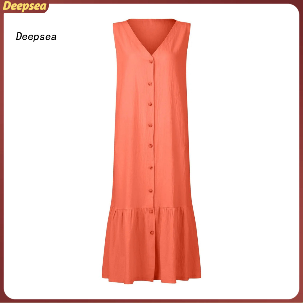 DPA Beach Dress ชุดเดรสทรงหลวมลําลองสไตล์ V คอแขนกุด Midi Dress พร้อมกระเป๋าที่สมบูรณ์แบบสําหรับฤดูร