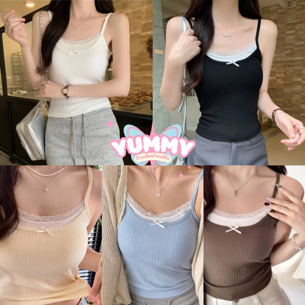 🎀Yummy Shop🎀พร้อมส่ง (FY2109-P) เสื้อสายเดี่ยวคอกลม มีฟองน้ำ ดีเทลแต่งขอบลูกไม้ ผ้านุ่มนิ่มติดโบว์