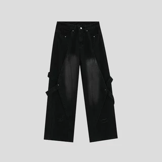 56MEN กางเกงยีนส์ขายาวผู้ชาย Jeans G61 กางเกงยีนส์แต่งสาย Y2K streetwear วินเทจ