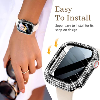 Diamond Full Coverage Tempered Glass Cover สําหรับ Apple Watch 10, 9, 8, 7, 6, SE ขนาด 40/41/42/44/45 มม. พร้อมขอบเพชร