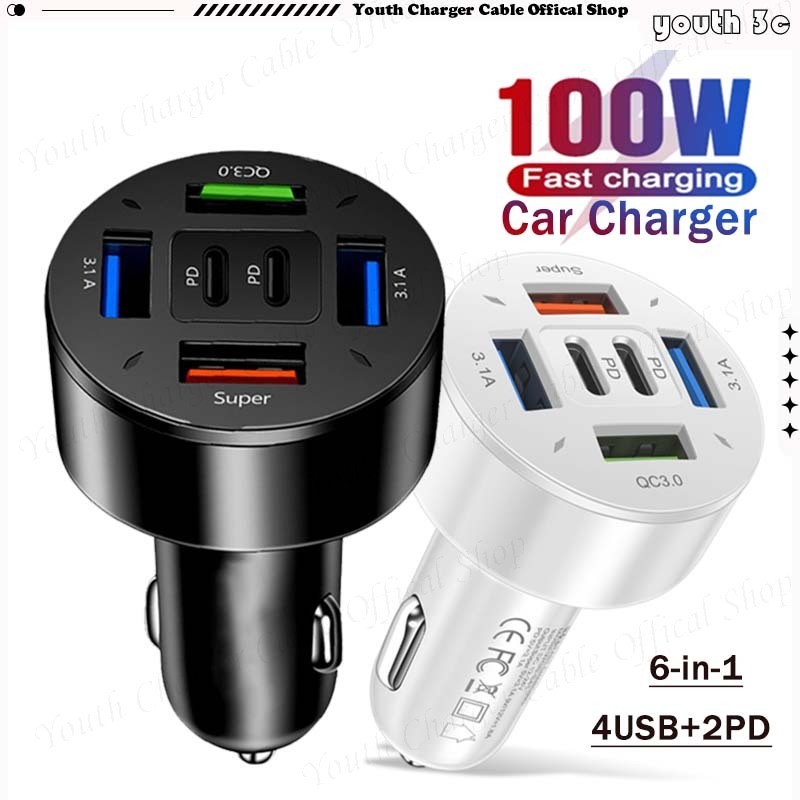 100W Fast Charging Car Charger 6-in-1 4USB+2PD QC3.0 รถชาร์จโทรศัพท์อะแดปเตอร์ชาร์จไฟที่รองรับอย่างก