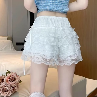 💖Bonnie💖 กางเกงขาสั้น เงสม๊อคยืด สีพื้น ดีเทลลูกไม้ เอวยางยืด แต่งชั้นๆ ผ้าใส่สบาย ใส่สบาย ทรงสวย