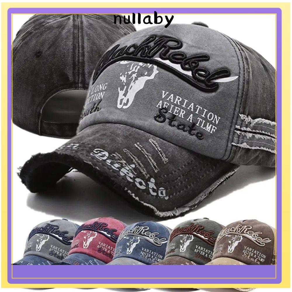 NULLABY Distressed Faded หมวก, ปรับรูปแบบหัววัวตัวอักษรเย็บปักถักร้อยเบสบอลหมวก, Vintage Hip-hop ล้างผ้าฝ้ายเบสบอลหมวกสําหรับชายหญิงกีฬากลางแจ้ง