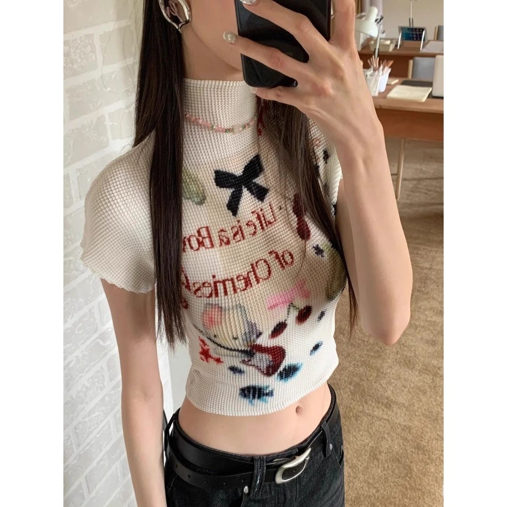 ฤดูร้อนใหม่ เสื้อยืดแขนสั้นพิมพ์ดาวสำหรับผู้หญิง สไตล์อเมริกันหวานและเผ็ด เสื้อสั้นทรงเข้ารูป เทรนด์ EG09