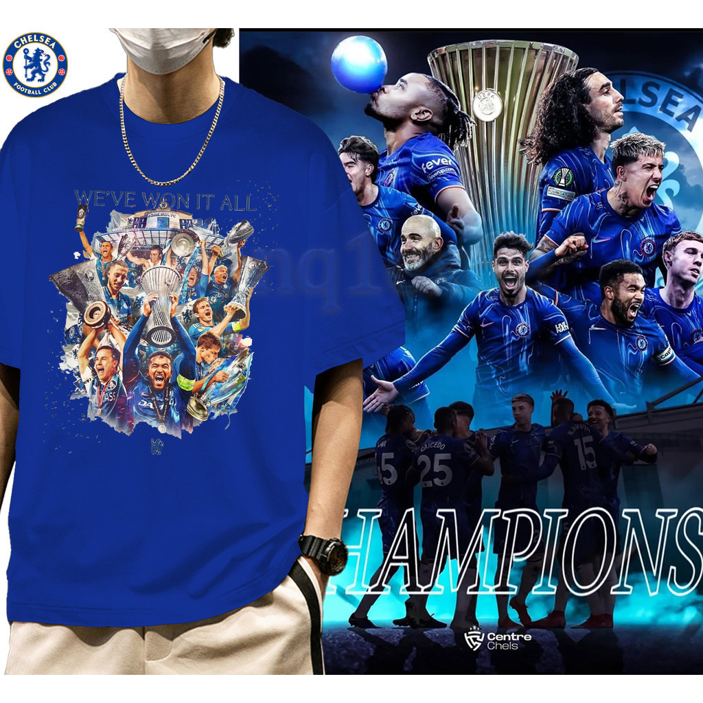 "Champion！"Europa League Chelsea 2025 แชมป์ลอนเสื้อยืด, ยุโรปแกรนด์สแลม, งพิมพ์สำหรับผู้ชายและผู้หญิ