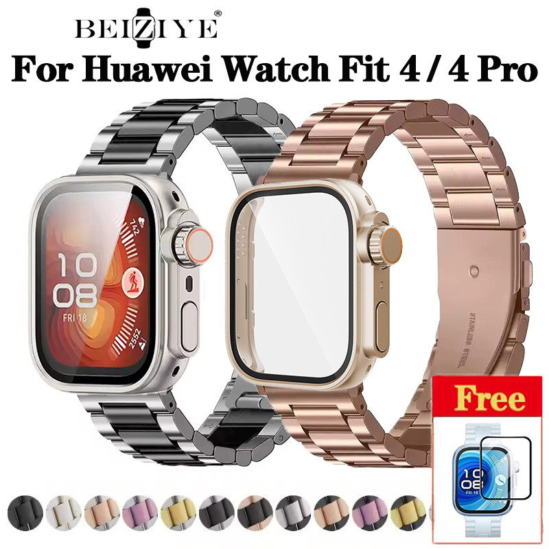 แก้วกรณี + สแตนเลสสตีลสําหรับ For Huawei Watch Fit 4 Pro สแตนเลสสตีลสร้อยข้อมือแม่เหล็กสําหรับ Huawei Watch Fit 4/Fit 3 หน้าจอป้องกันกรณีสายรัดข้อมืออุปกรณ์เสริม