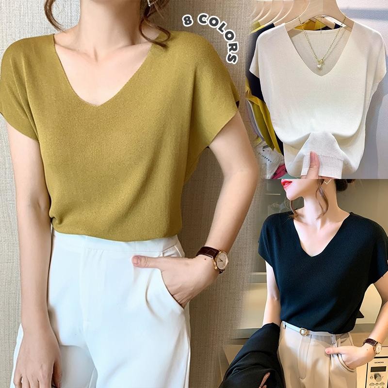 Mimi&Didi เสื้อยืดผู้หญิง คอวีแขนสั้นผ้าไหมน้ำแข็งทรงหลวมแขนค้างคาวสเวตเตอร์ถักแบบลำลองสีพื้นเรียบง่าย#D639