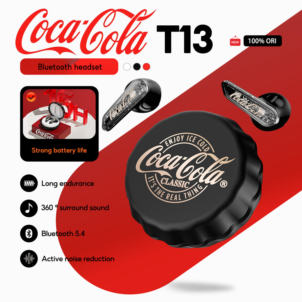 Coca-Cola T13 หูฟังบลูทูธไร้สาย True ดีไซน์กึ่งอินเอียร์ | ไดร์เวอร์ไดนามิก 13 มม | ENC ตัดเสียงรบกวน Bluetooth 5.4 | อายุการใช้งานแบตเตอรี่ยาวนาน 15 ชม. | ระบบควบคุมแบบสัมผัส | Type-C รวดเร็ว