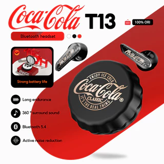 Coca-Cola T13 หูฟังบลูทูธไร้สาย True ดีไซน์กึ่งอินเอียร์ | ไดร์เวอร์ไดนามิก 13 มม | ENC ตัดเสียงรบกวน Bluetooth 5.4 | อายุการใช้งานแบตเตอรี่ยาวนาน 15 ชม. | ระบบควบคุมแบบสัมผัส | Type-C รวดเร็ว