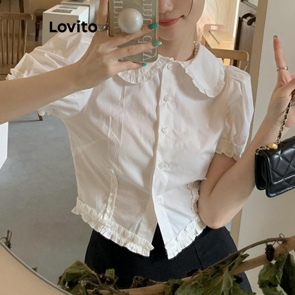Lovito เสื้อเบลาส์ผู้หญิง มีกระดุม คอมีระบาย สีพื้น สไตล์ลำลอง LNA53082