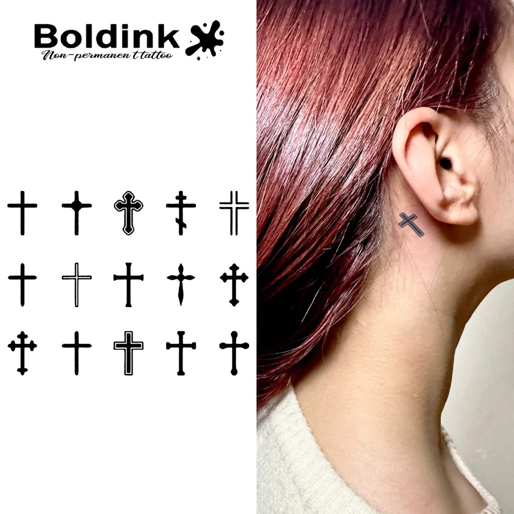 Boldink รอยสักไม้กางเขน กันน้ํา สติกเกอร์รอยสักวิเศษ ติดนานสองสัปดาห์ รอยสักปลอมชั่วคราว