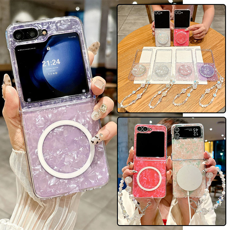 SAMSUNG หรูหรารูปแบบเชลล์Glitterแม่เหล็กKickstandสําหรับSamsung Galaxy Z Flip 7 Z Flip 6 Z Flip 5 Z Flip 4 พร้อมสร้อยข้อมืออะคริลิคกันกระแทกHard Slim Cover