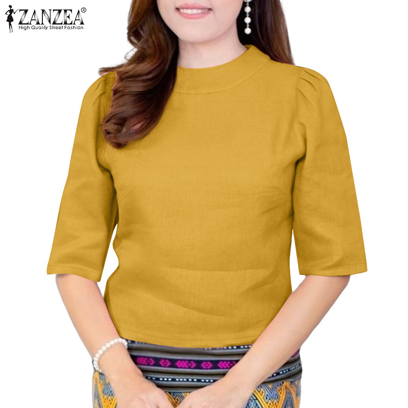 ZANZEA ซานเซีย เสื้อเบลาส์ครึ่งแขนซิปผ้าฝ้ายลําลองเกาหลีสําหรับผู้หญิง