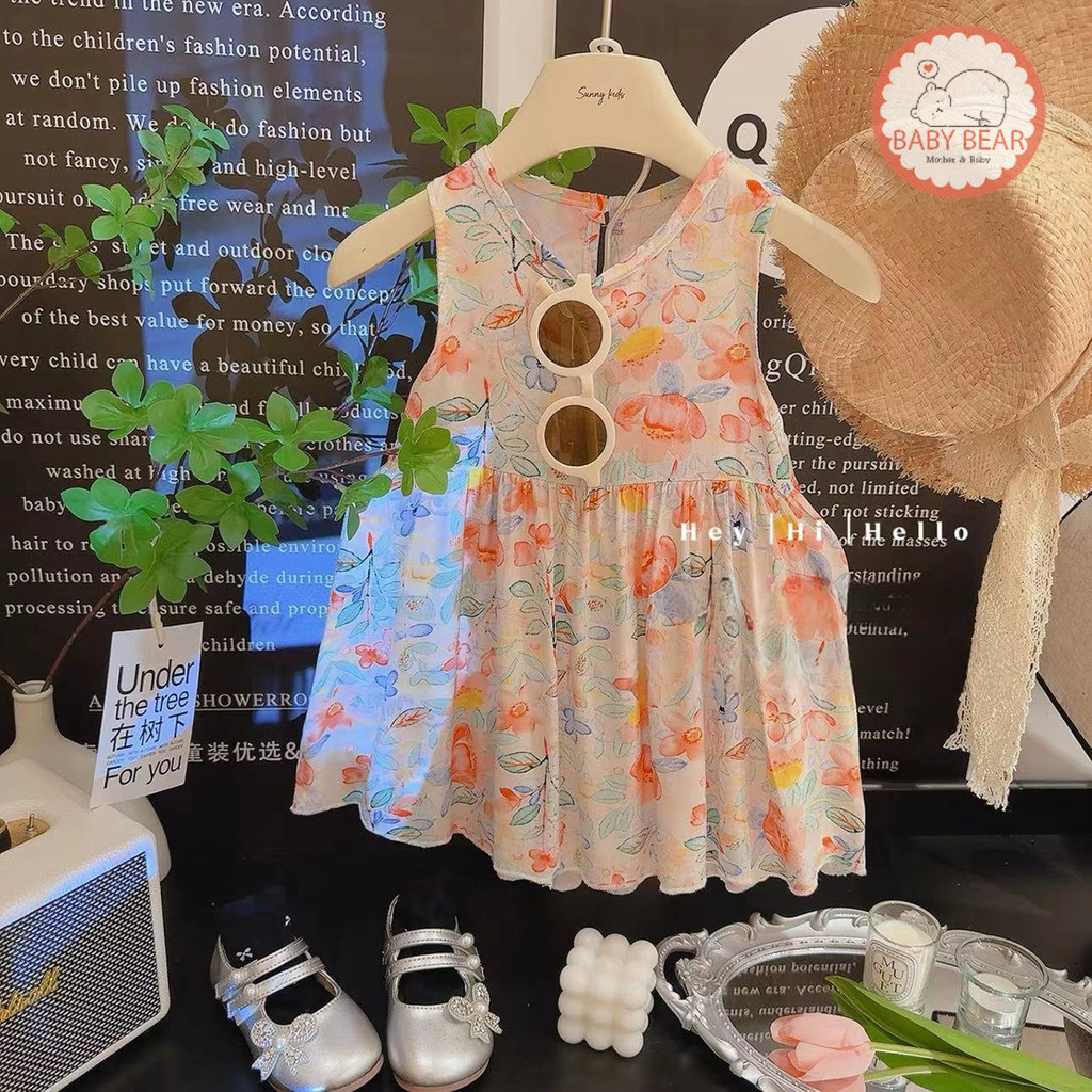 ใหม่ ชุดเดรสเด็กหญิง เดรสดอกไม้เด็ก ผ้าพลิ้วๆ พิมพ์ลายดอกไม้ Size80-130cm - รูปที่ 4