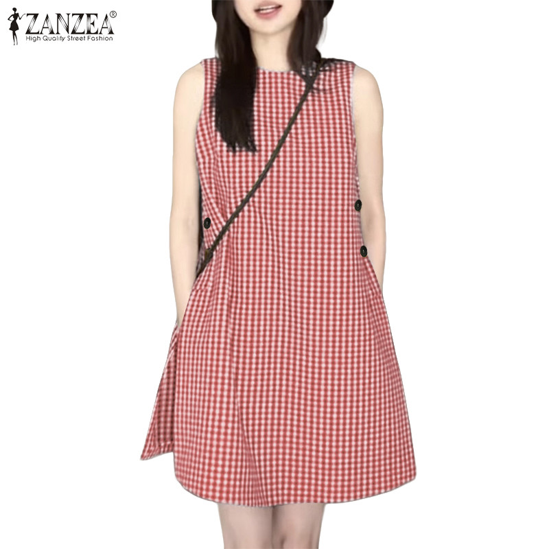 ZANZEA ซานเซีย ผู้หญิงเกาหลีวินเทจลูกเรือคอแขนกุดปุ่มด้านข้างตกแต่งถังลายสก๊อตชุด