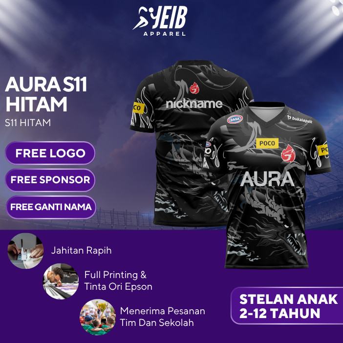 AURA S11 CHILDRENS ESPORT JERSEY สีดําพิมพ์เต็มฟรี NAME และ NUMBER JERSEY