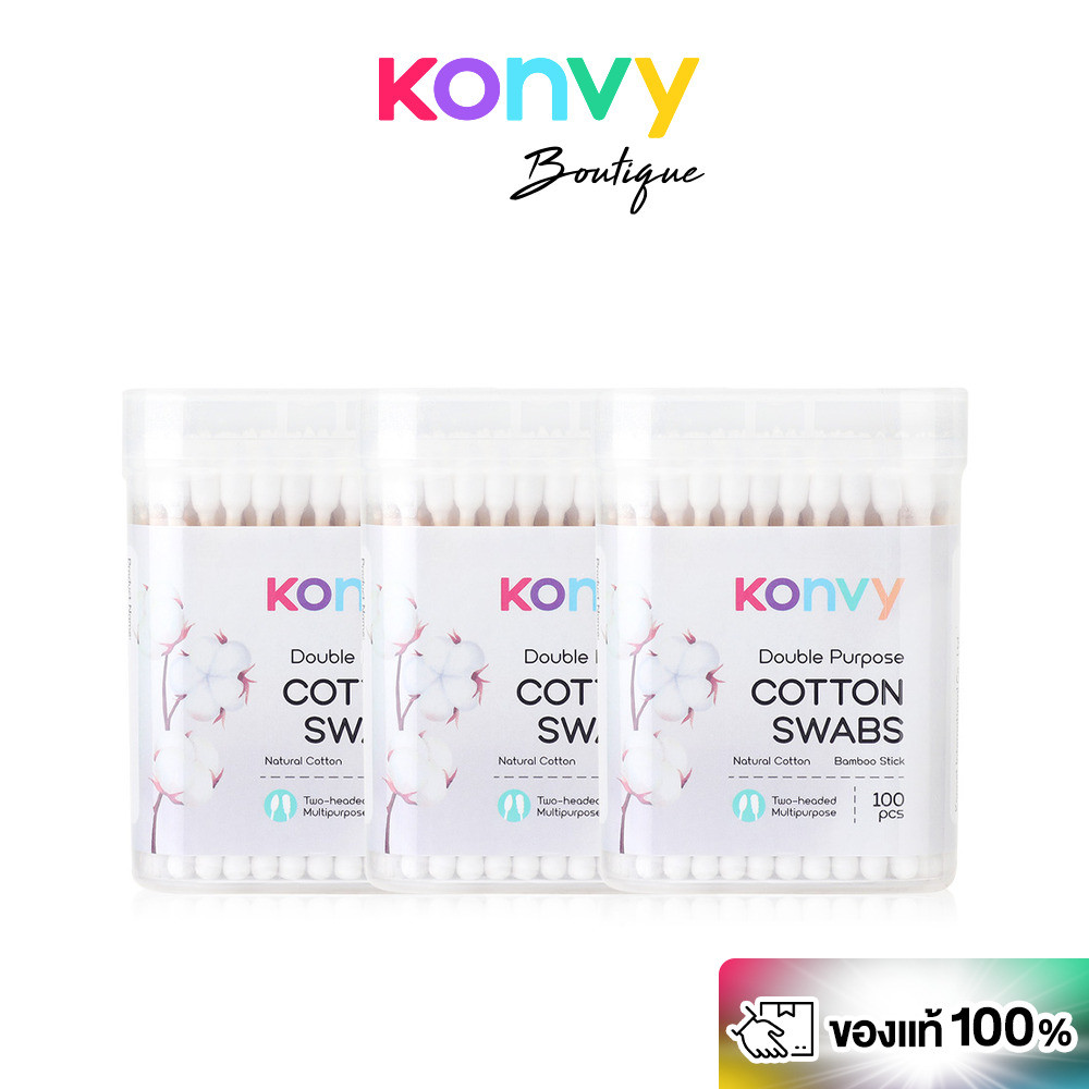 Konvy Cotton Swabs Double Purpose [100pcs x 3 Packs] สำลีแบบก้าน 2 หัว.