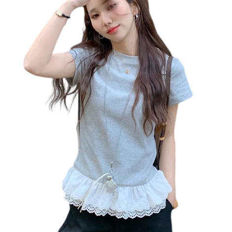 NINGFASHION เสื้อยืดแขนสั้น ผ้าฝ้าย แต่งชายลูกใม้ สไตล์เกาหลี รุ่น WP5