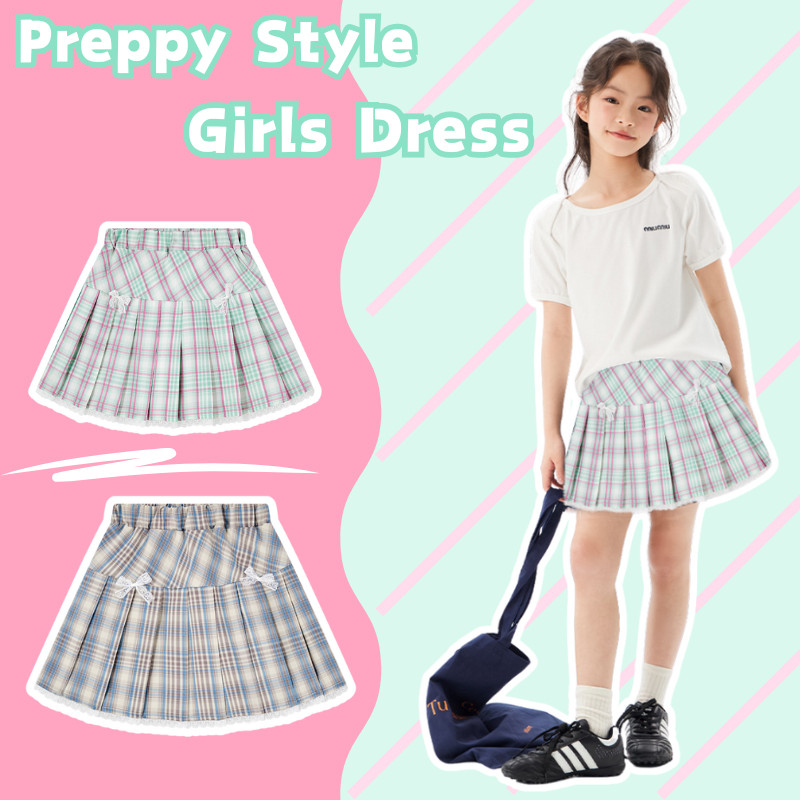 ขนาด110-160Girls JKกระโปรงจีบ2025ลูกไม้ตัดโรงเรียนตรวจสอบรูปแบบผ้าฝ้ายในตัวกางเกงขาสั้นความปลอดภัยชุดฤดูร้อนน้ําหนักเบาด้านล่างเย็น