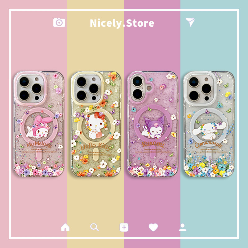 การ์ตูน Kuromi Hello Kitty ดอกไม้ Glitter เคสโทรศัพท์สําหรับ iPhone 17 16 15 14 Pro Max 13 กันกระแทก IMD Hard โทรศัพท์มือถือ