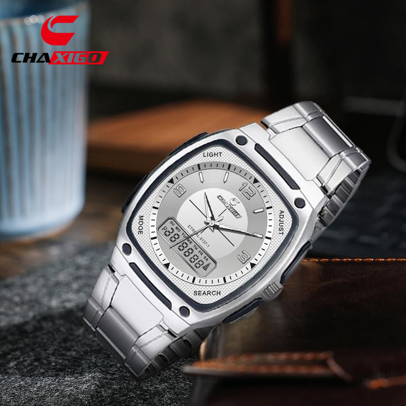 Chaxigo นาฬิกาผู้ชาย กันน้ำ 100% มาแรง แบบอนาล็อก-ดิจิตอล หน้าปัดทรงสี่เหลี่ยม ไฟเรืองแสง สายสแตนเลส สไตล์ธุรกิจ พร้อมส่ง 6137-1songkran