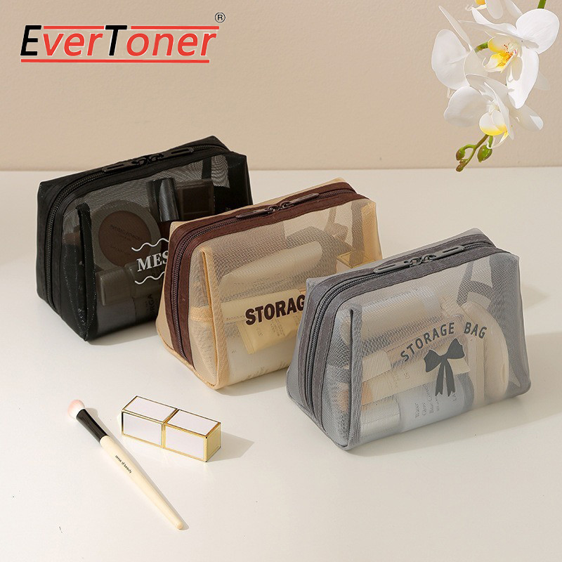EverToner กระเป๋าเครื่องสําอางตาข่ายแบบพกพาโปร่งแสงซิปกระเป๋าเดินทางน้ําหนักเบาความจุขนาดใหญ่กระเป๋าแป้ง
