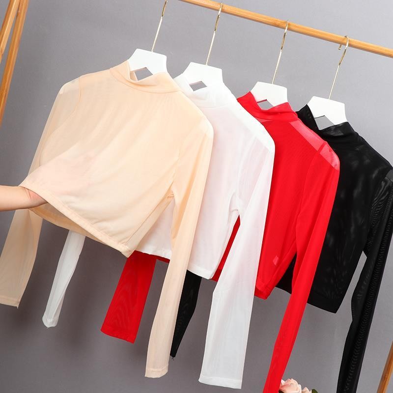 女装秋季透弹视力网打底衫透明ฤดูใบไม้ร่วง半白色高领ทีเสื้อ丝长裙子上ฤดูใบไม้ร่วงของผู้หญิงมุมมองตาข่ายยืดหยุ่นเสื้อด้านล่างโป