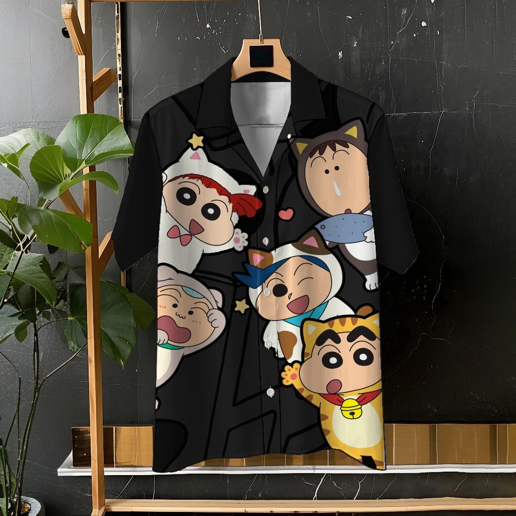 Crayon Shin-chan น่ารัก Blue Bow การ์ตูนพิมพ์เสื้อแขนสั้น Unisex เสื้อลำลองอเนกประสงค์สำหรับวันสบายและวันหยุด