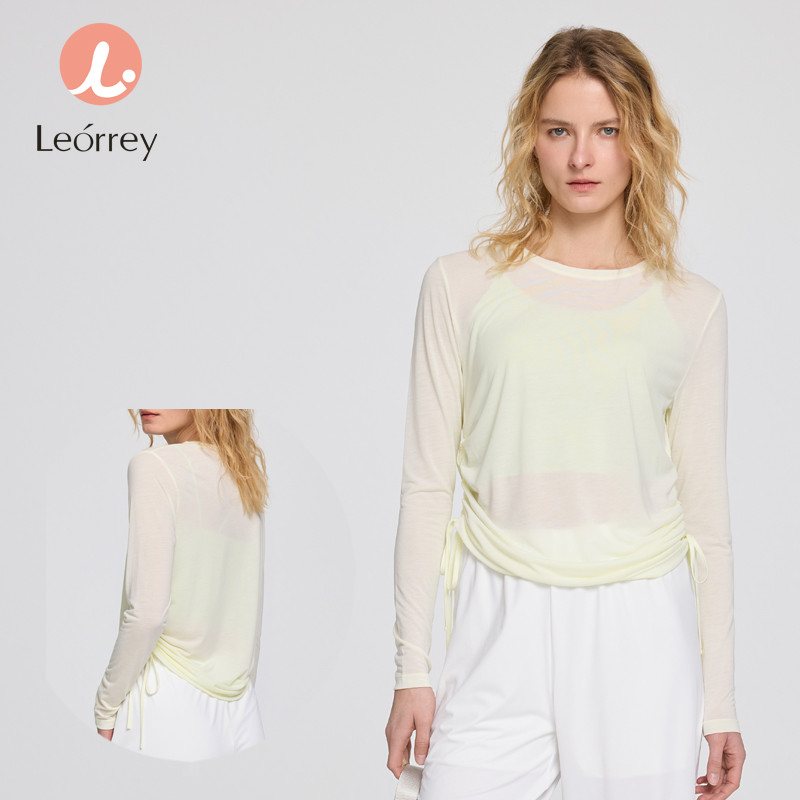 Leorrey-เสื้อโยคะแขนยาวหลวมระบายความชื้นพร้อมแผงตาข่ายที่เอวสำหรับใส่ออกกำลังกายน้ำหนักเบา