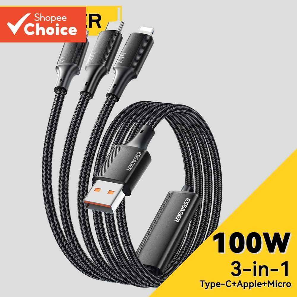 ESSAGER สายชาร์จ Type C Micro Ios Fsat 3 In 1 สําหรับ Huawei Samsung 7A 100W – โปรปัง
