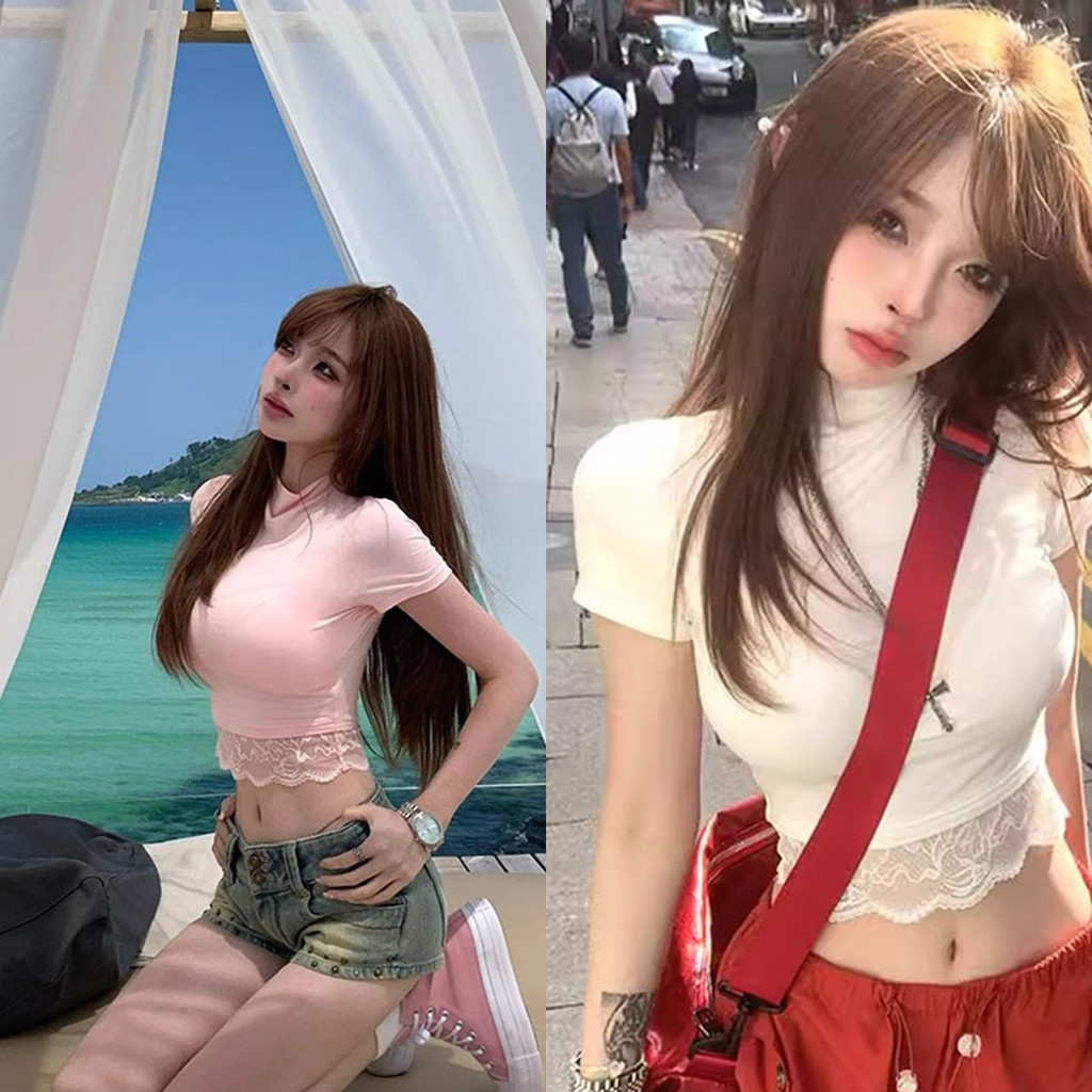 เสื้อครอปคอลูกไม้ ทรงสั้นกระชับรูปร่าง