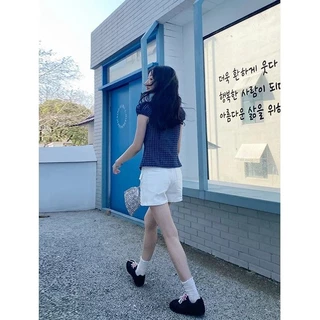 LINNA~วินเทจ ตาหมากรุก ผูกขึ้น แขนสั้น เสื้อเชิ้ต สไตล์ใหม่ เวอร์ชั่นเกาหลี สไตล์แฟชั่น