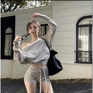 ชุดนอนแขนยาวลายทางสีดำและขาวแบบไม่มีไหล่ สไตล์เกาหลี สำหรับผู้หญิง เหมาะสำหรับฤดูใบไม้ผลิ ฤดูใบไม้ร่วง และฤดูร้อน ชุดลำลองแบบไม่มีไหล่ - รูปที่ 5