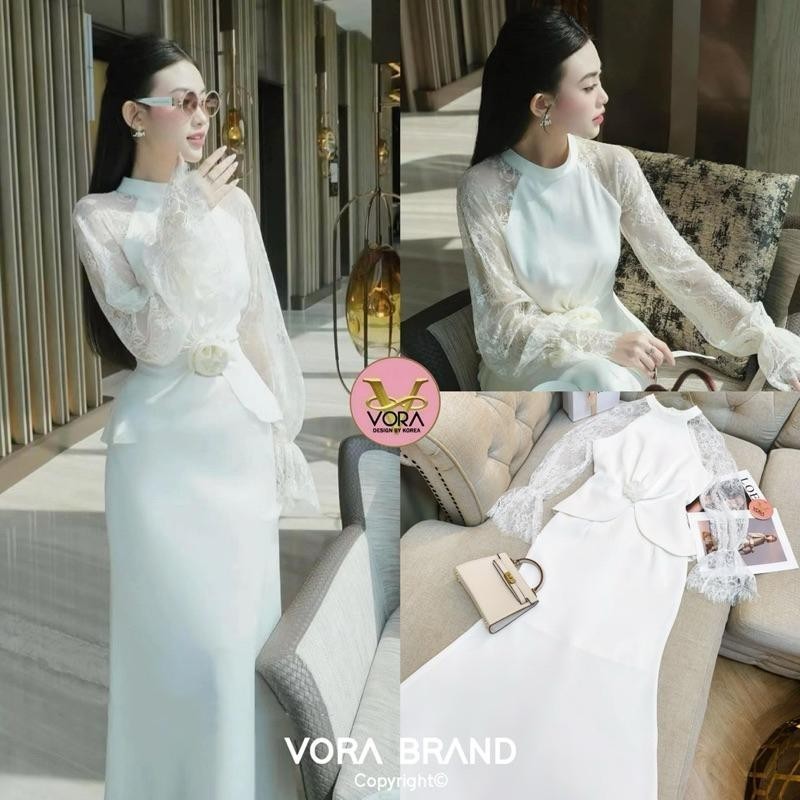 PT.shop (พร้อมส่ง) vora141 Set เสื้อแขนยาว แต่งแขนลูกไม้ ช่วงเอวจับจีบเข้ารูป สวย ดูดี