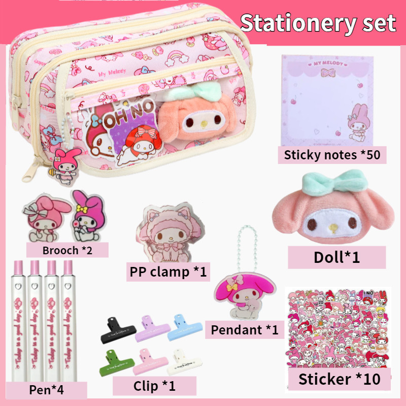 กระเป๋าดินสอแบบพลิกกลับความจุใหญ่: ดีไซน์โปร่งใส Melody & Cinnamoroll - มีหลายช่อง ทนทาน