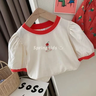 ฤดูร้อน เสื้อยืดแขนสั้นลายจุดน่ารักใหม่สำหรับเด็กผู้หญิง เสื้อสไตล์เจ้าหญิงลายหมีปักลายสำหรับเด็กเล็กและเด็กหญิง