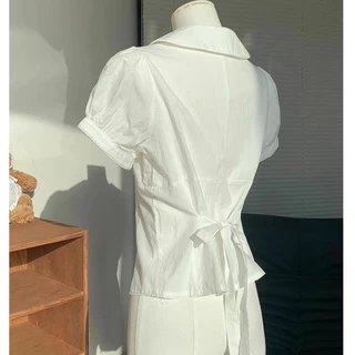 LINNA~TBเวอร์ชั่นเกาหลี สีทึบ ผูกขึ้น ประกบ แขนสั้น เสื้อเชิ้ต สไตล์ใหม่ สไตล์หวาน