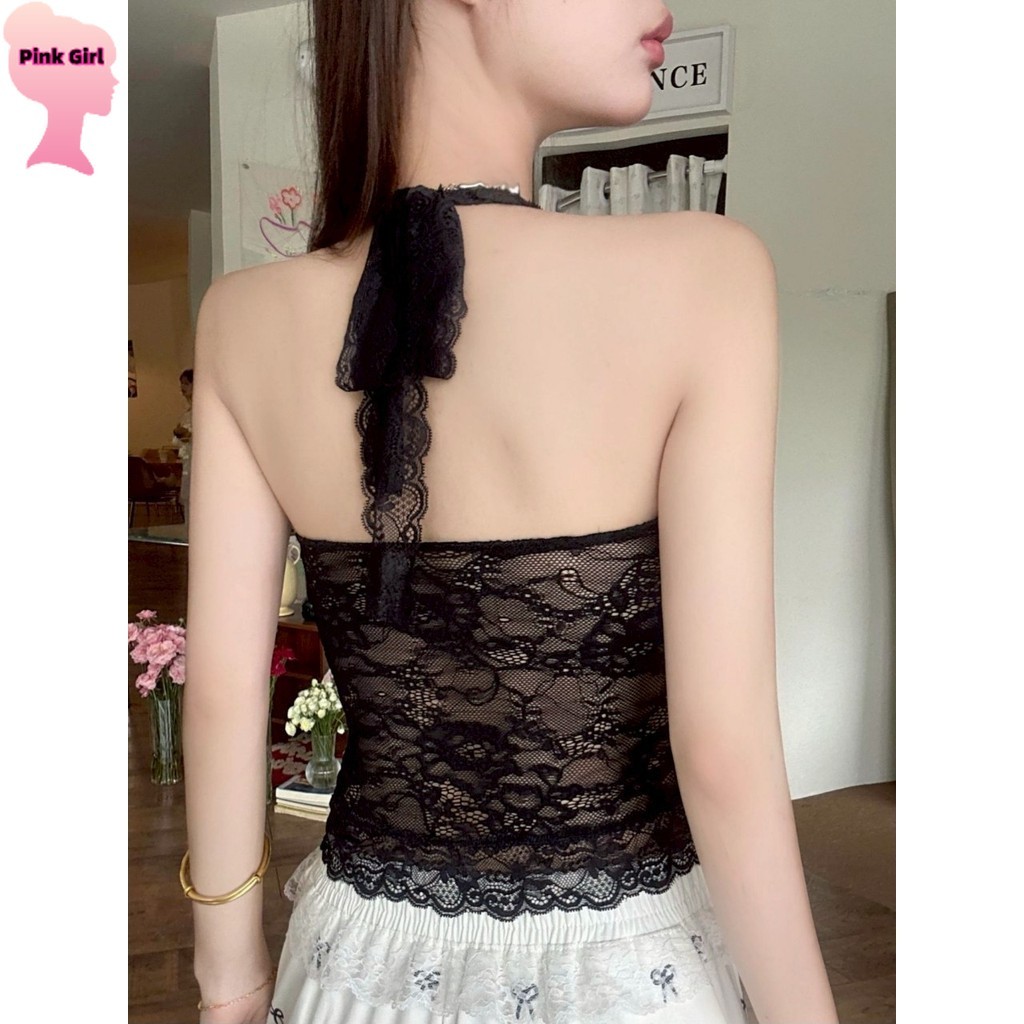 💋Pink girl💋​พร้อมส่ง เสื้อคล้องคอ มีฟองน้ำ ดีเทลลูกไม้ สีพื้น ' FY2255 - รูปที่ 7