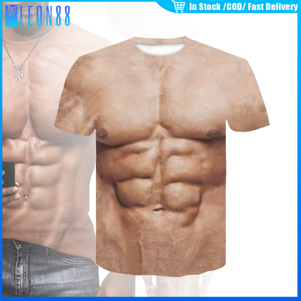 ของมาใหม่！เสื้อยืดกล้ามเนื้อซิกแพค 3d ผู้ชาย เสื้อยืดแขนสั้นลำลอง แปลกๆตลกๆ หลายขนาดให้เลือก