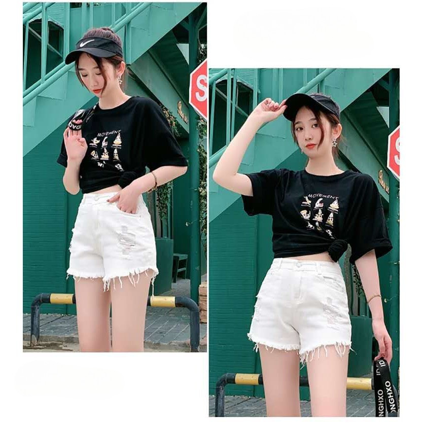 Cynthai 🚚👖  👖🚚 กางเกงยีนส์ขาสั้นเอวสูงผ้าไม่ยืด  แต่งขาดปลาย ไม่สั้นมาก🌈 #2012