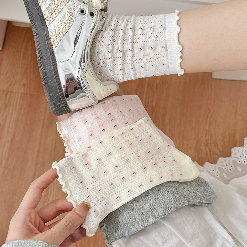 ดอกไม้พิมพ์น่ารักถุงเท้าผู้หญิงกลวงออกบางระบายอากาศฤดูร้อนถุงเท้าหลอดกลางโลลิต้าสาวหวานญี่ปุ่น น่ารัก นัวเนียถุงเท้า