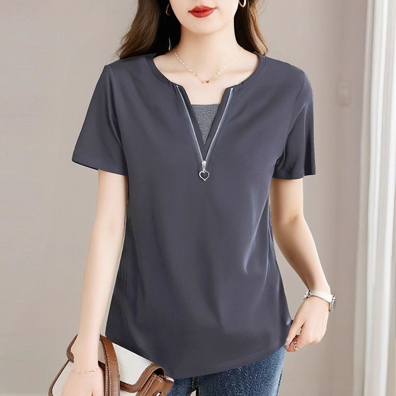 F ปลอมสองชิ้นด้านบนเสื้อผ้าฤดูร้อนแฟชั่นสไตล์ตะวันตกเย็บหลวม Slimmer ดูพลัสขนาดผู้หญิง