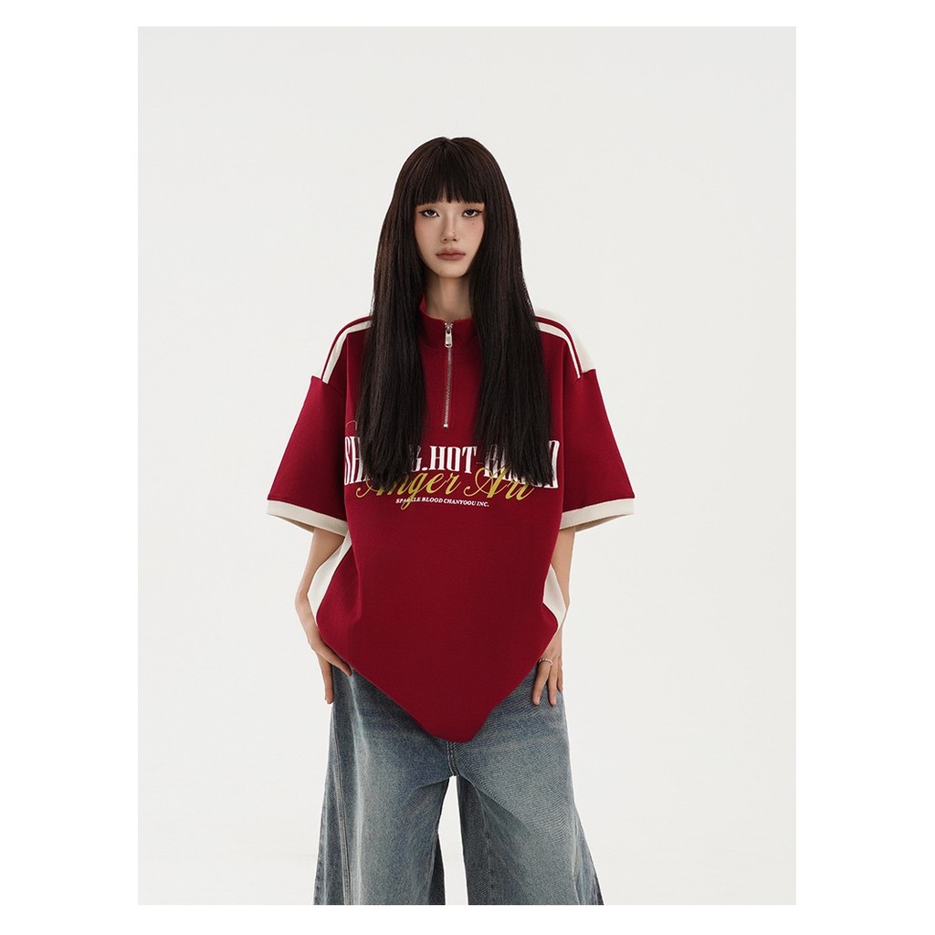 TAYCEN M-2XLแขนสั้น เสื้อโปโล  ผู้หญิง สไตล์เกาหลี ลายสกรีนตัวหนังสือ ซิปครึ่งตัว โอเวอร์ไซส์ เสื้อ