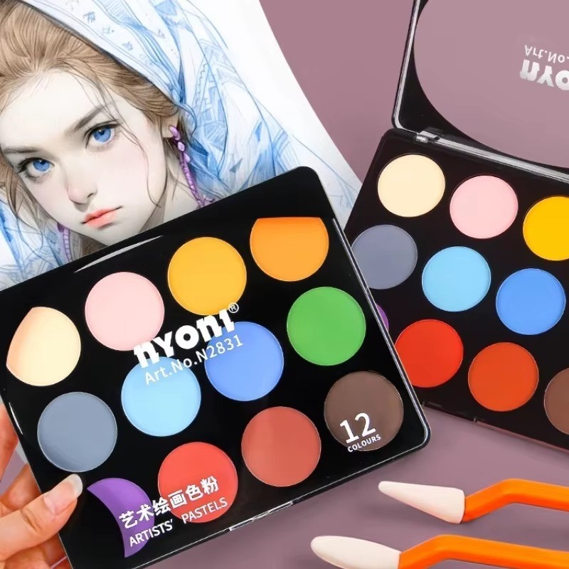 Nyoni สีพาสเทลศิลปินนุ่มพิเศษ 12 สีในกล่อง PVC ผงละเอียด การวาดภาพ สื่อผสม