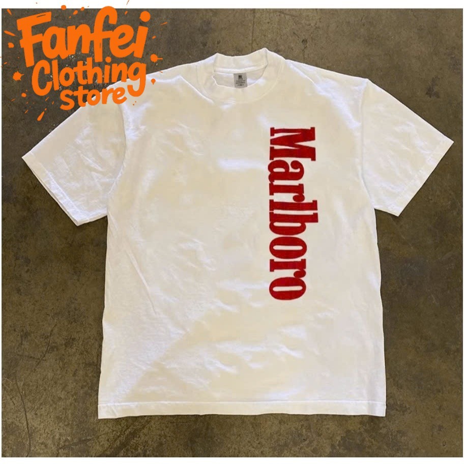 (จัดส่งตลอด 24 ชั่วโมง)Fanfei เสื้อทีซีครอบคอกฤดูร้อน ชายหญิง รวมลาย MARLBORO ผ้า хлоп้าว่างอากาศ หนุ่มนวล