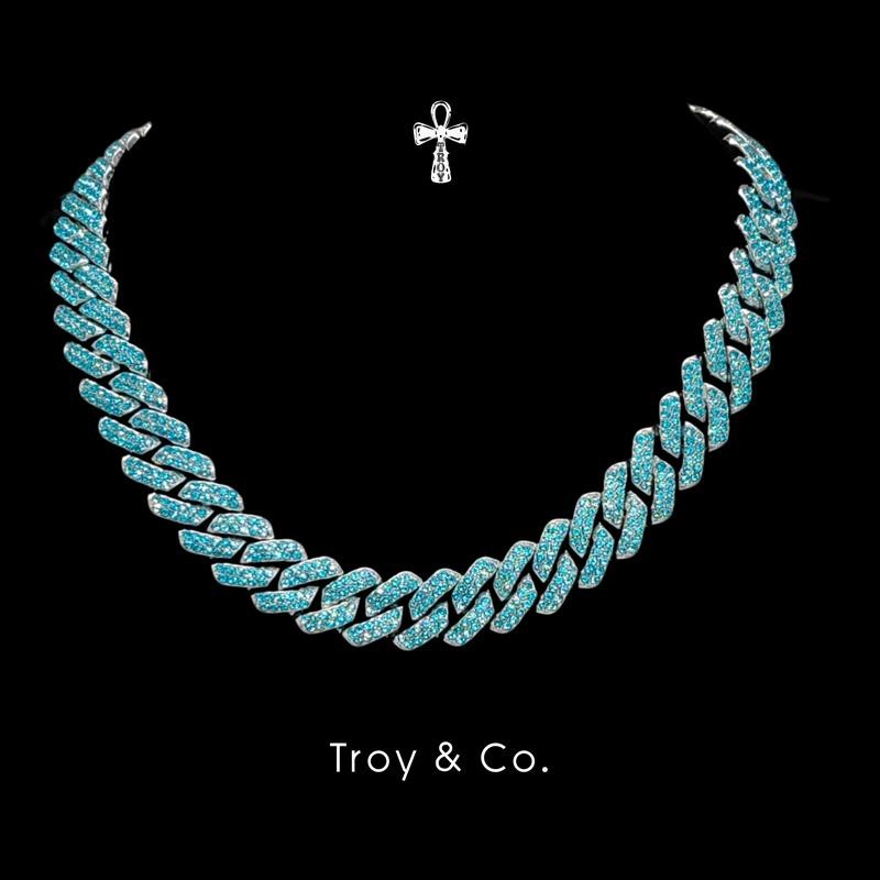 Aqua Blue Cuban Chain เพชร CZ  สีฟ้าน้ำทะเล สร้อยคอคิวบันแนวซัมเมอร์ ผู้ชาย TDN024 Troy & Co.