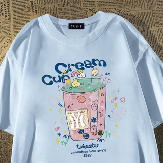 Teddy Tee🎀ชุดสาวอวบ ผ้าฝ้าย100% สวมใส่สบาย สาวอวบ เสื้อยืด oversize ยืดได้ ลาย "CREAM CUP IYI" แฟชั่น สไตล์ลำลอง
